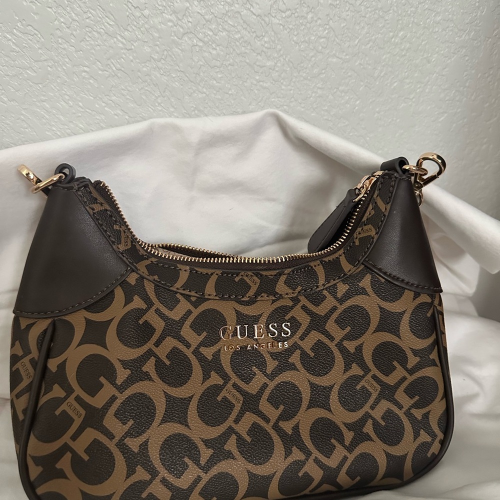 Guess Tan and Brown Monogram Shoulder Bag